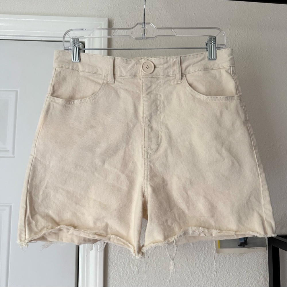 WHIMSY + ROW cream ivory‎ organic cotton denim high rise fray hem jean shorts